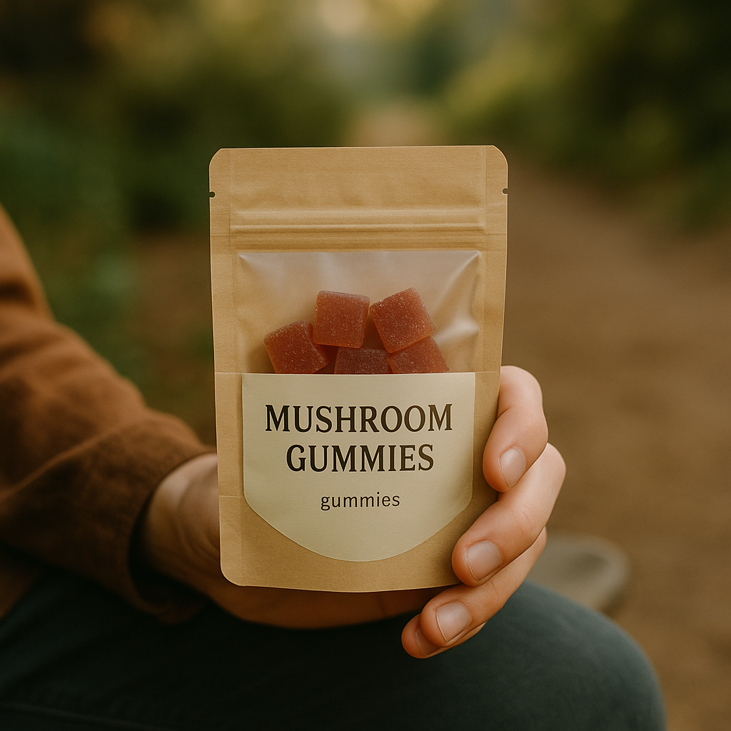 Close-up of a hand holding a resealable pouch of mushroom gummies while sitting on a bench in a forest with soft background blur
