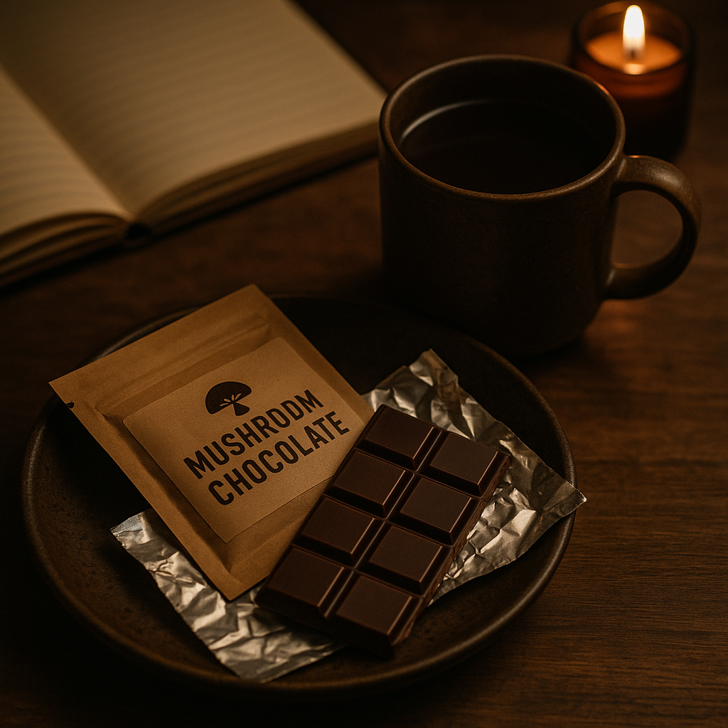 Partially unwrapped mushroom chocolate bar on a ceramic plate with tea, an open journal, and a candle in a warm evening setting