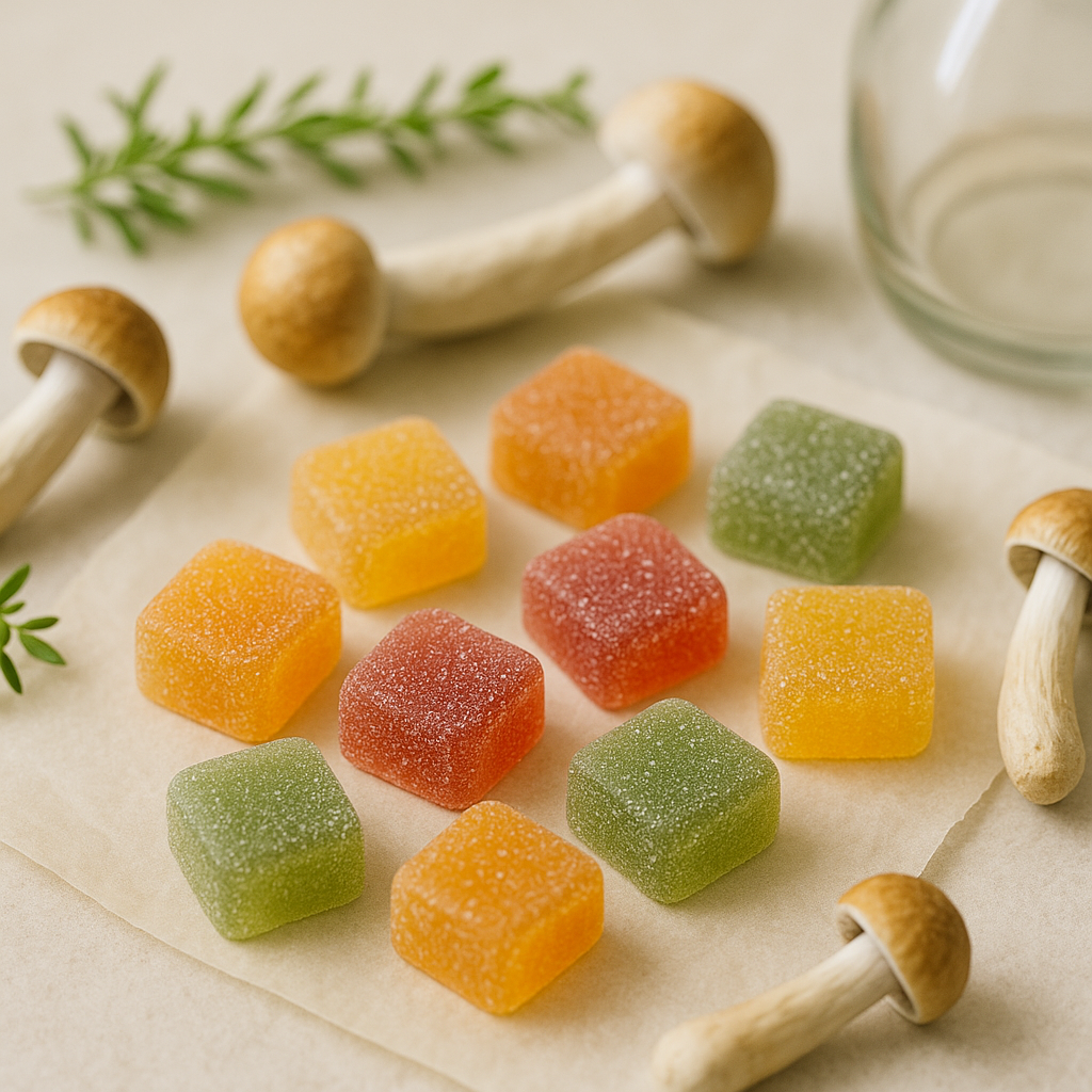 Close-up of colorful psilocybin mushroom gummies on parchment paper, surrounded by mushroom caps, herbs, and a glass container