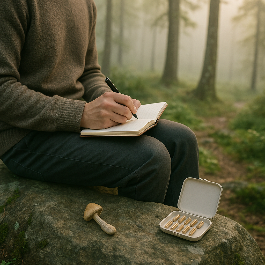 Person journaling on a forest rock with a mushroom microdosing kit beside them, surrounded by trees and morning mist
