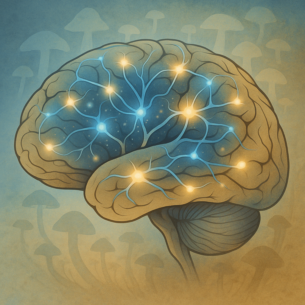 Artistic illustration of a human brain showing glowing blue and gold neural pathways activated by psilocybin with subtle mushroom imagery in the background