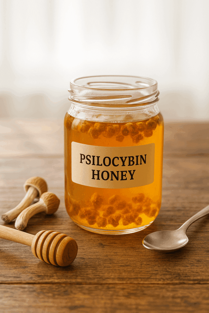 A jar labeled psilocybin honey with visible mushroom pieces, next to dried mushrooms, a honey dipper, and a spoon on a wooden table
