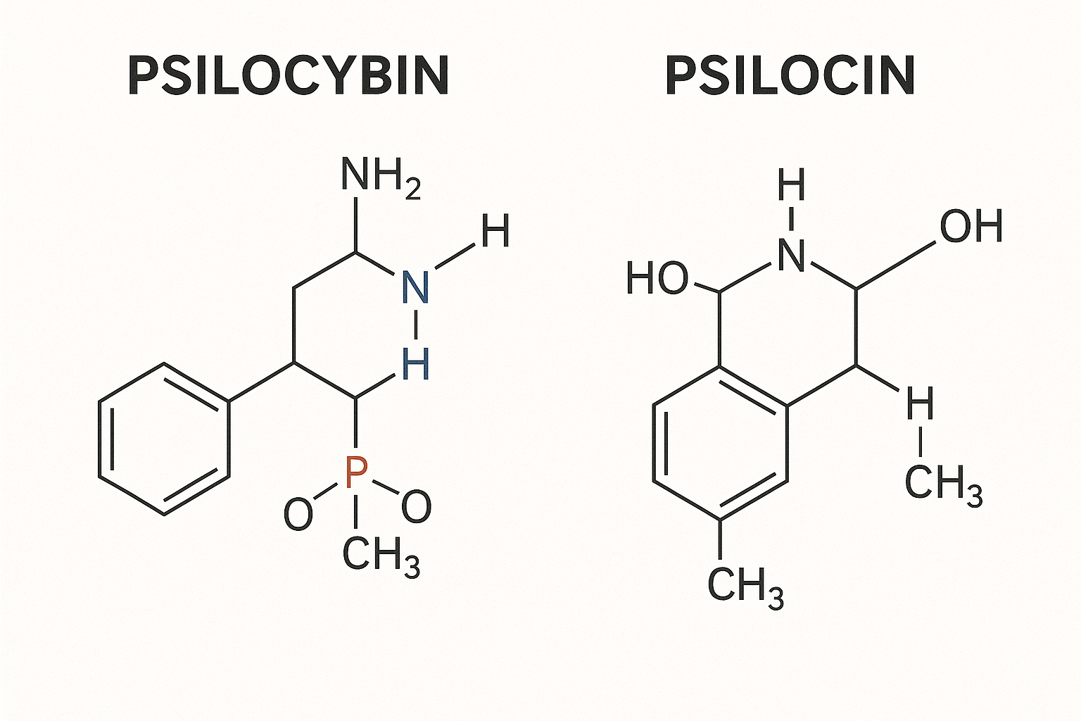 Side-by-side molecular structure diagrams of psilocybin and psilocin with labeled atoms