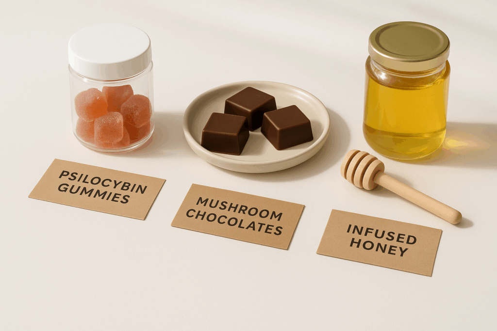 A display of psilocybin products including gummies, chocolates, and honey with labeled cards