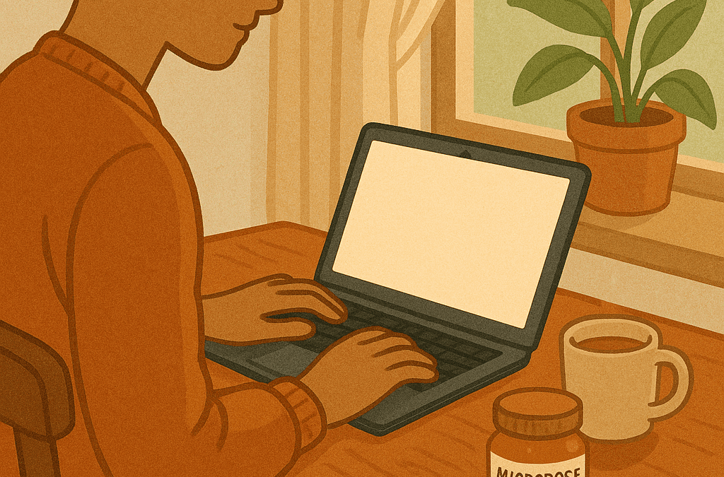 Illustration of a person working on a laptop next to a jar labeled microdose honey and a cup of tea