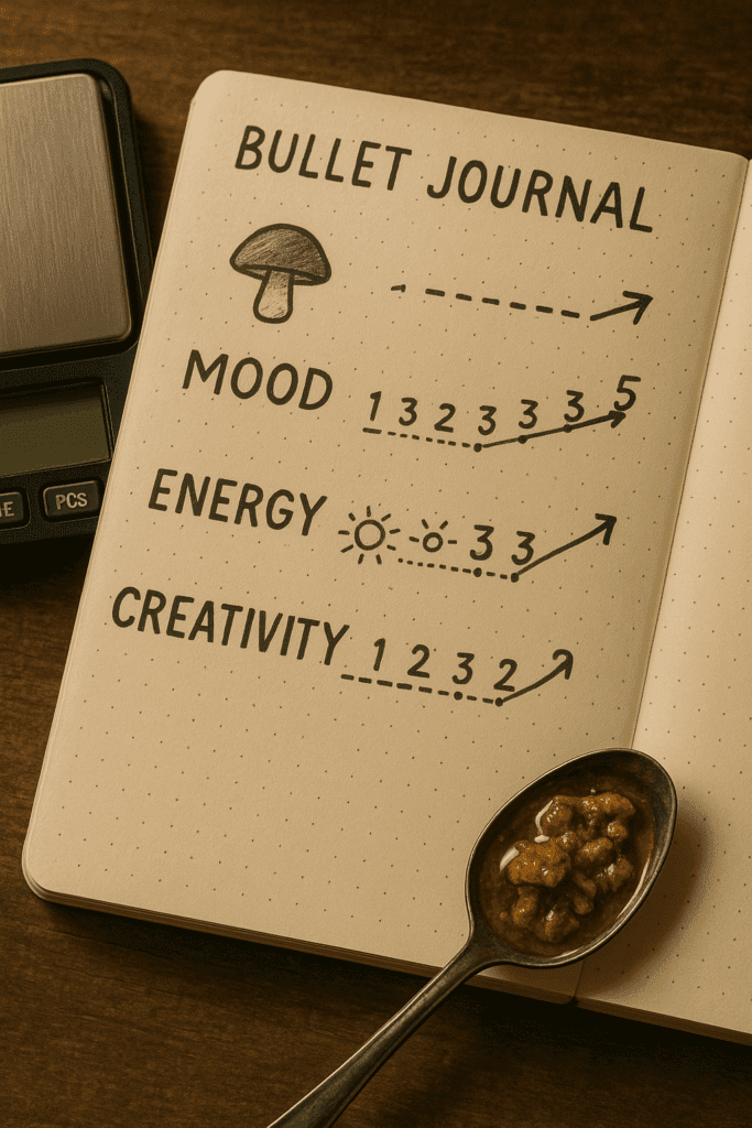 A bullet journal tracking mood, energy, and creativity next to a spoonful of psilocybin honey