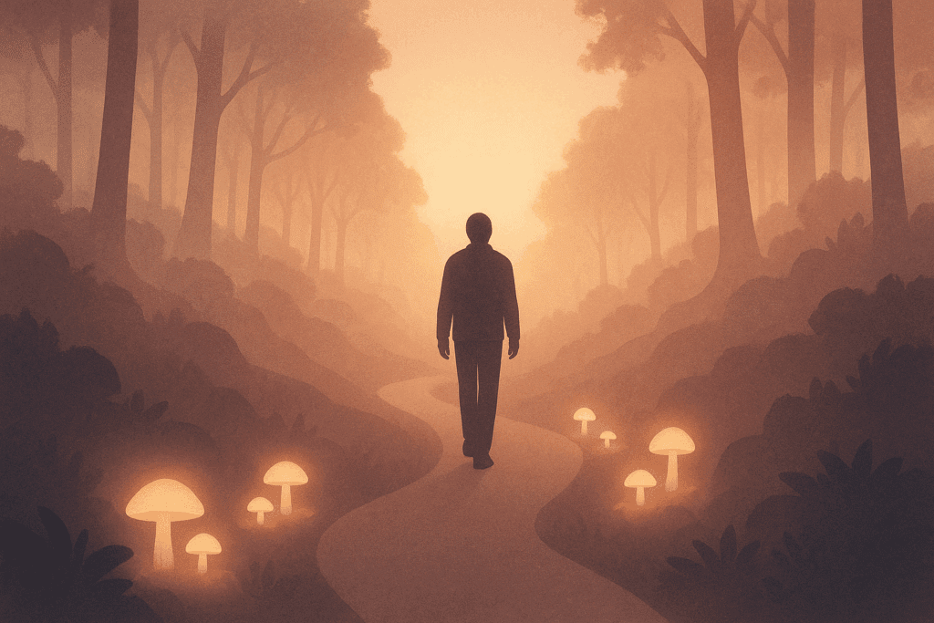 Silhouette of person walking down a glowing mushroom path through a dreamlike forest