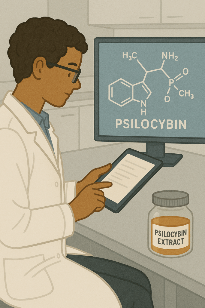 Cartoon-style scientist reviewing psilocybin research in a lab with extract jar and molecule diagram