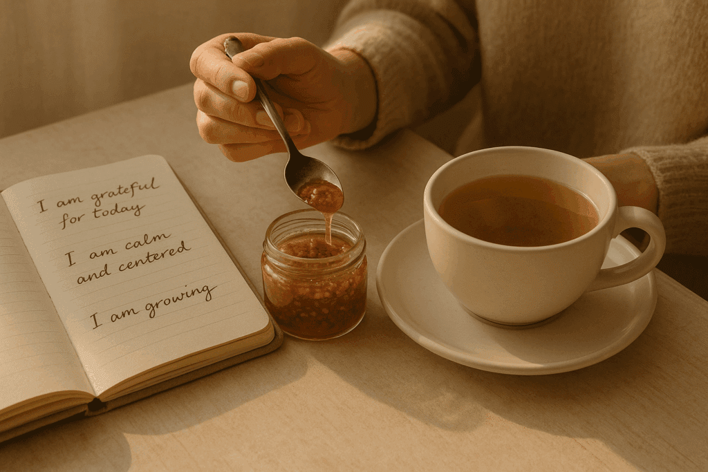 Person stirring psilocybin honey into tea with a journal open to positive affirmations