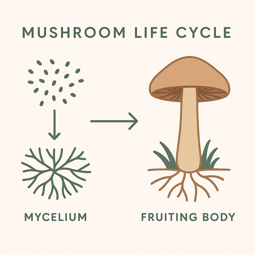 Illustrated diagram showing mushroom life cycle stages: spores, mycelium, and mature fruiting body