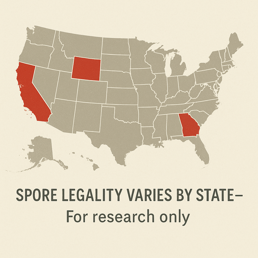 U.S. map showing states in red where psilocybin spores are illegal, with text noting spores are for research use only