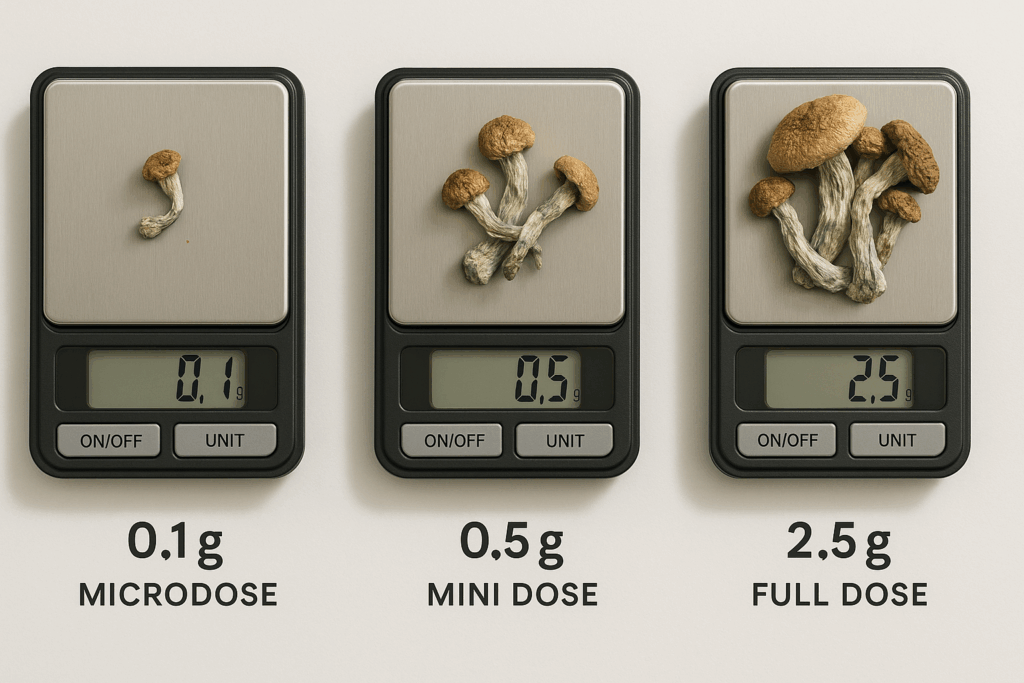 Three digital scales showing mushroom weights for microdose (0.1g), mini dose (0.5g), and full dose (2.5g)