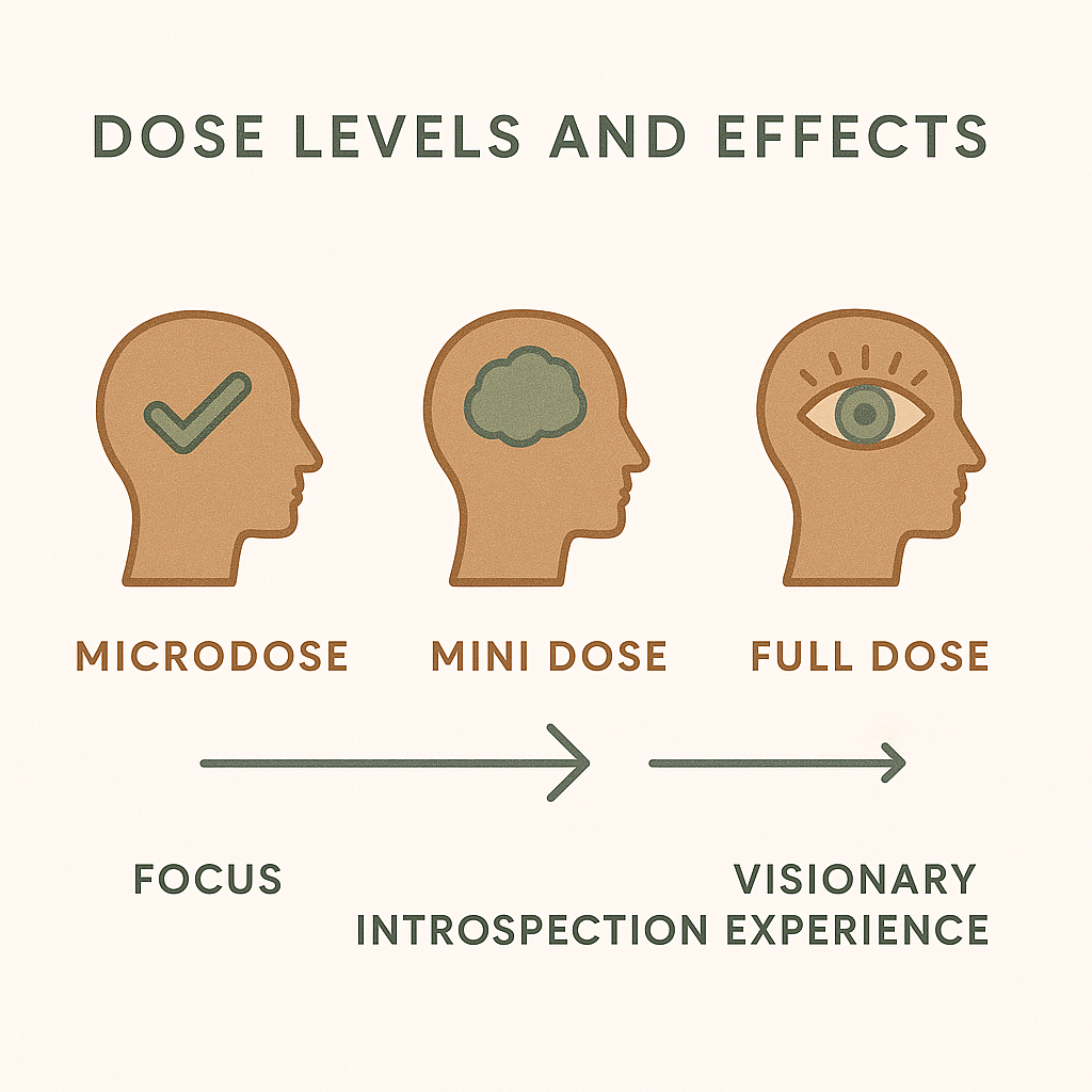 Diagram comparing microdose, mini dose, and full dose with icons and related mental effects