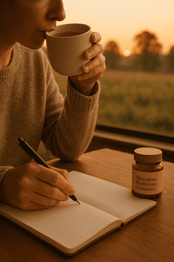 Person sipping tea while journaling next to a bottle labeled Microdose Mushroom Gummies at sunrise