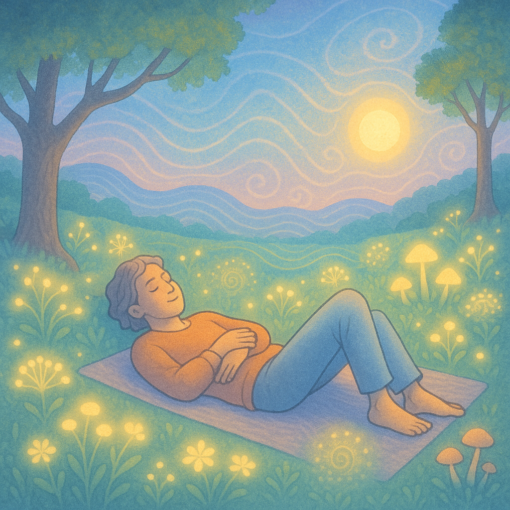Peaceful cartoon of a person lying in a glowing meadow surrounded by trees, mushrooms, and sun rays
