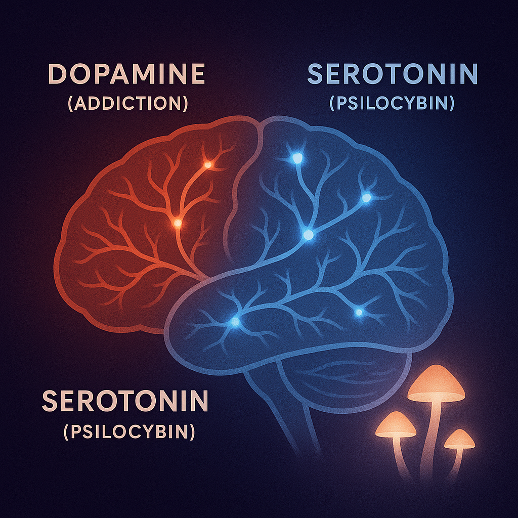 Brain illustration comparing dopamine (addiction) and serotonin (psilocybin) activation regions