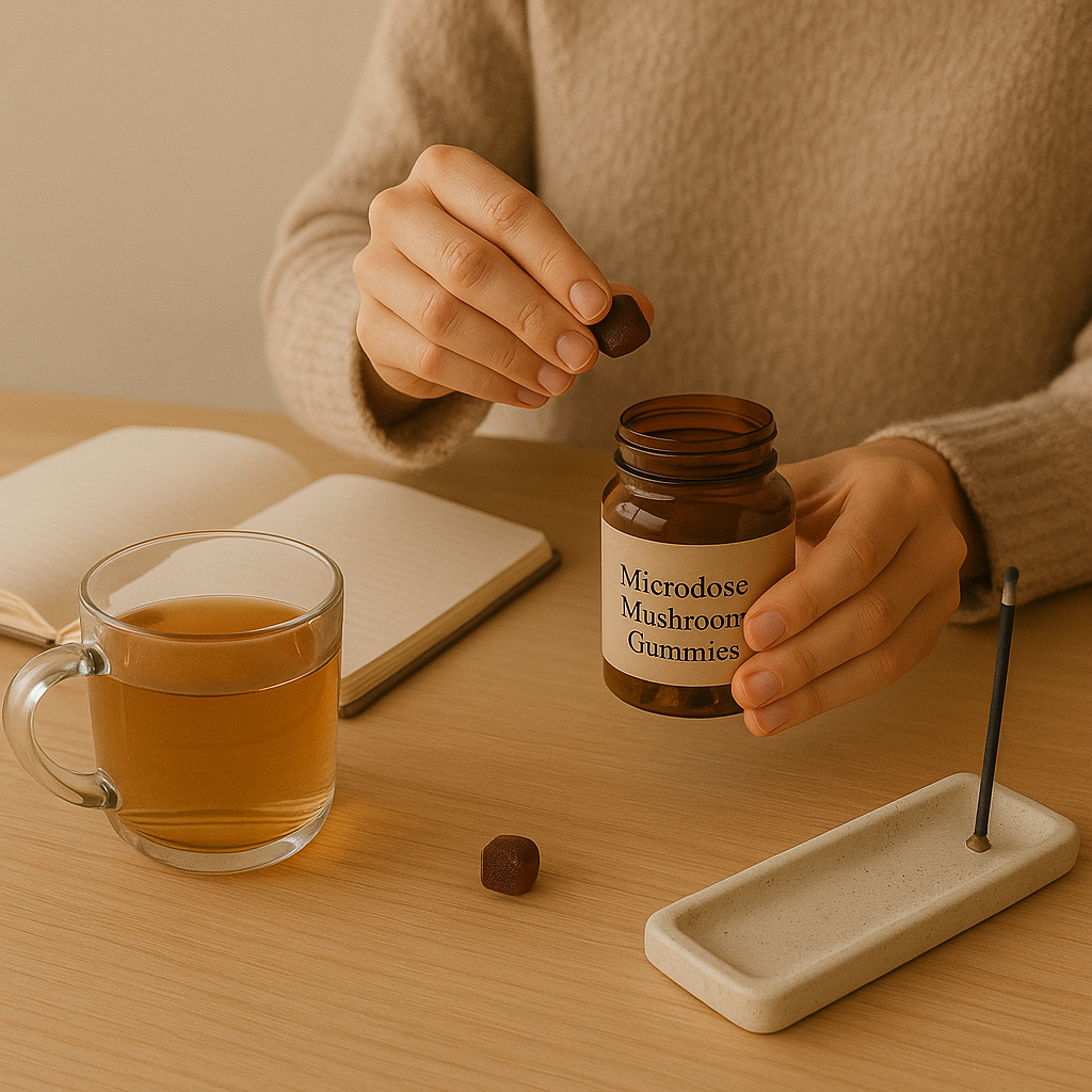 Person seated at table with tea and open journal, holding a mushroom microdose gummy beside incense