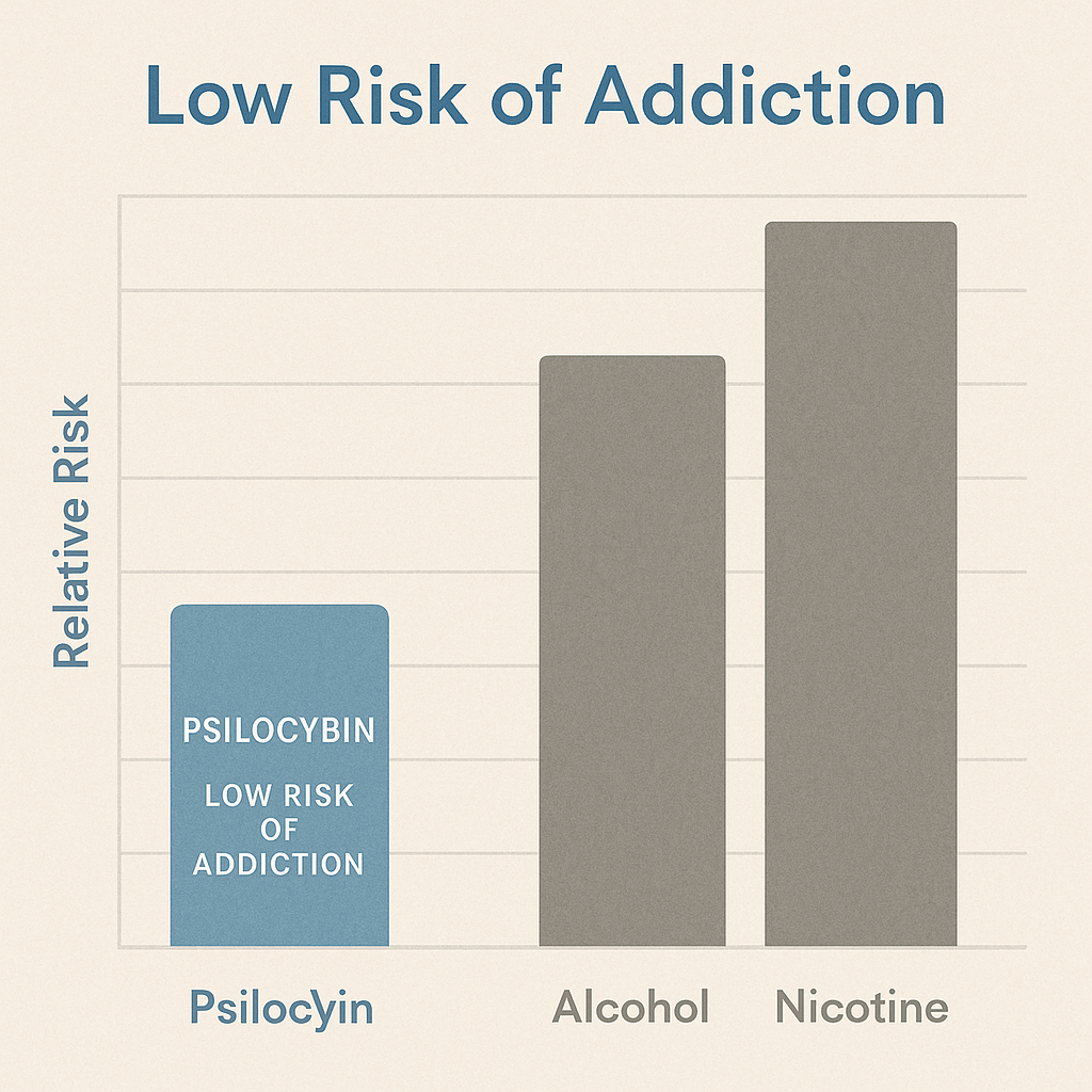 Bar graph showing low addiction risk of psilocybin compared to alcohol and nicotine
