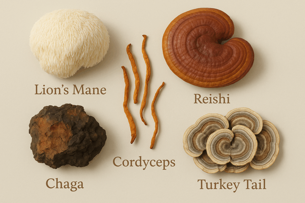 Photo of Lion’s Mane, Reishi, Cordyceps, Chaga, and Turkey Tail mushrooms labeled clearly