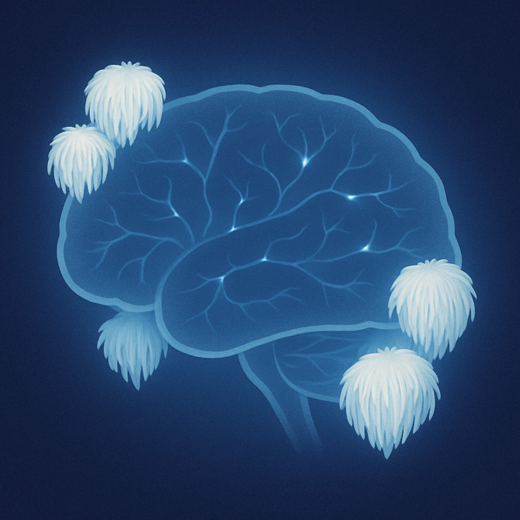 Blue brain illustration with lion’s mane mushrooms growing on key neural regions