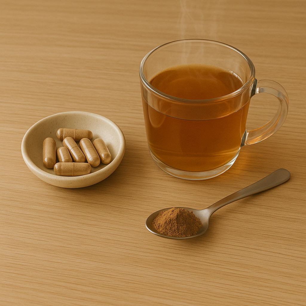 Steaming mug of mushroom tea next to capsules in a bowl and powdered supplement on a spoon
