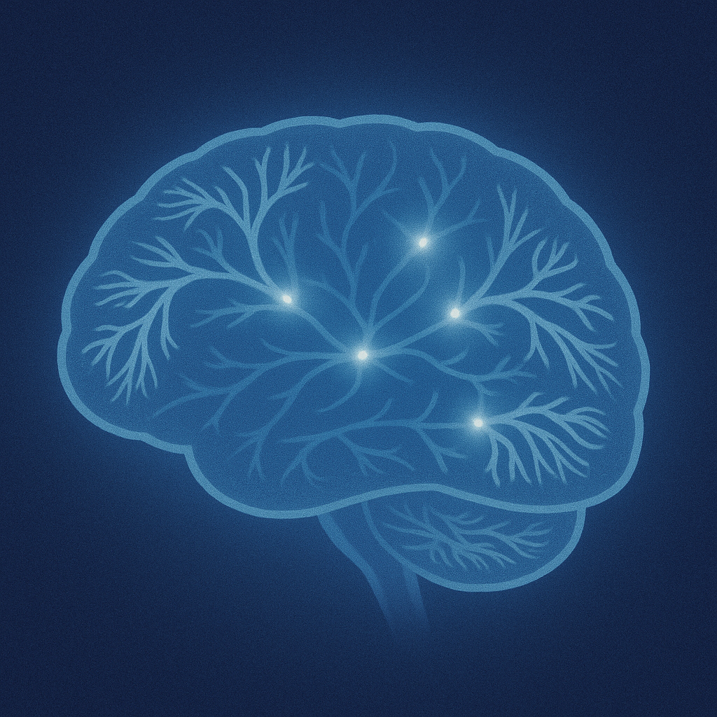 Abstract glowing brain image highlighting neural connectivity, inspired by Lion’s Mane benefits