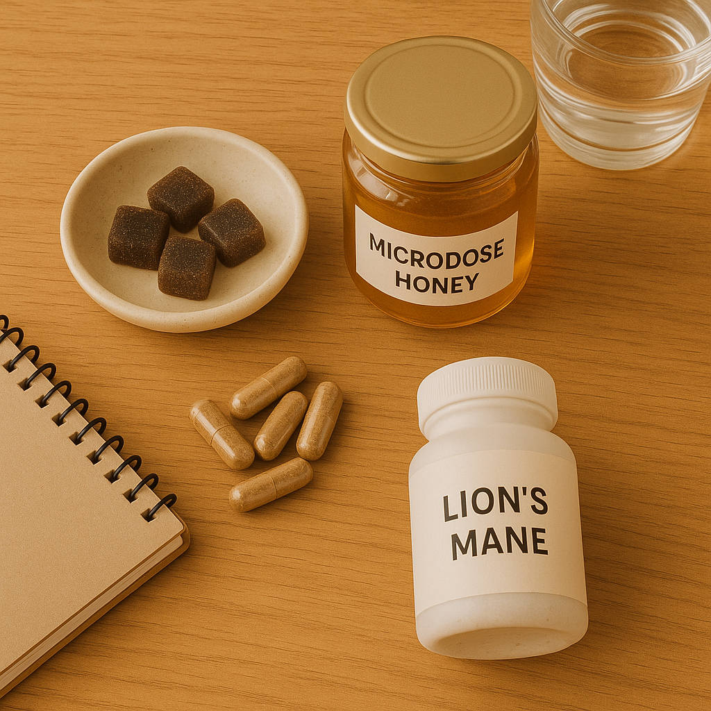 Flat lay of functional mushroom products including Lion’s Mane bottle, microdose honey, capsules, and gummies