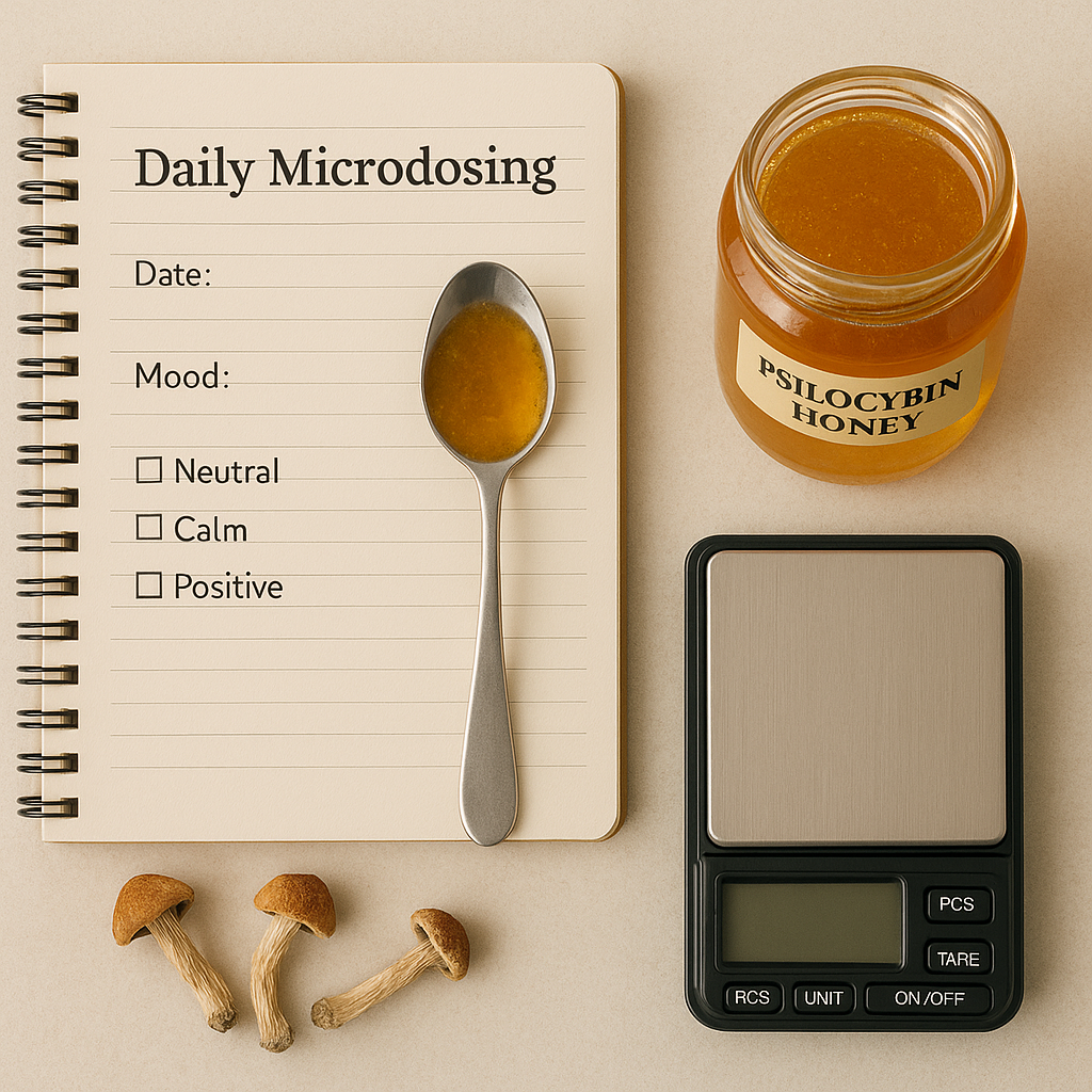 Flat lay of a daily microdosing journal, digital scale, spoon with honey, psilocybin honey jar, and dried mushrooms
