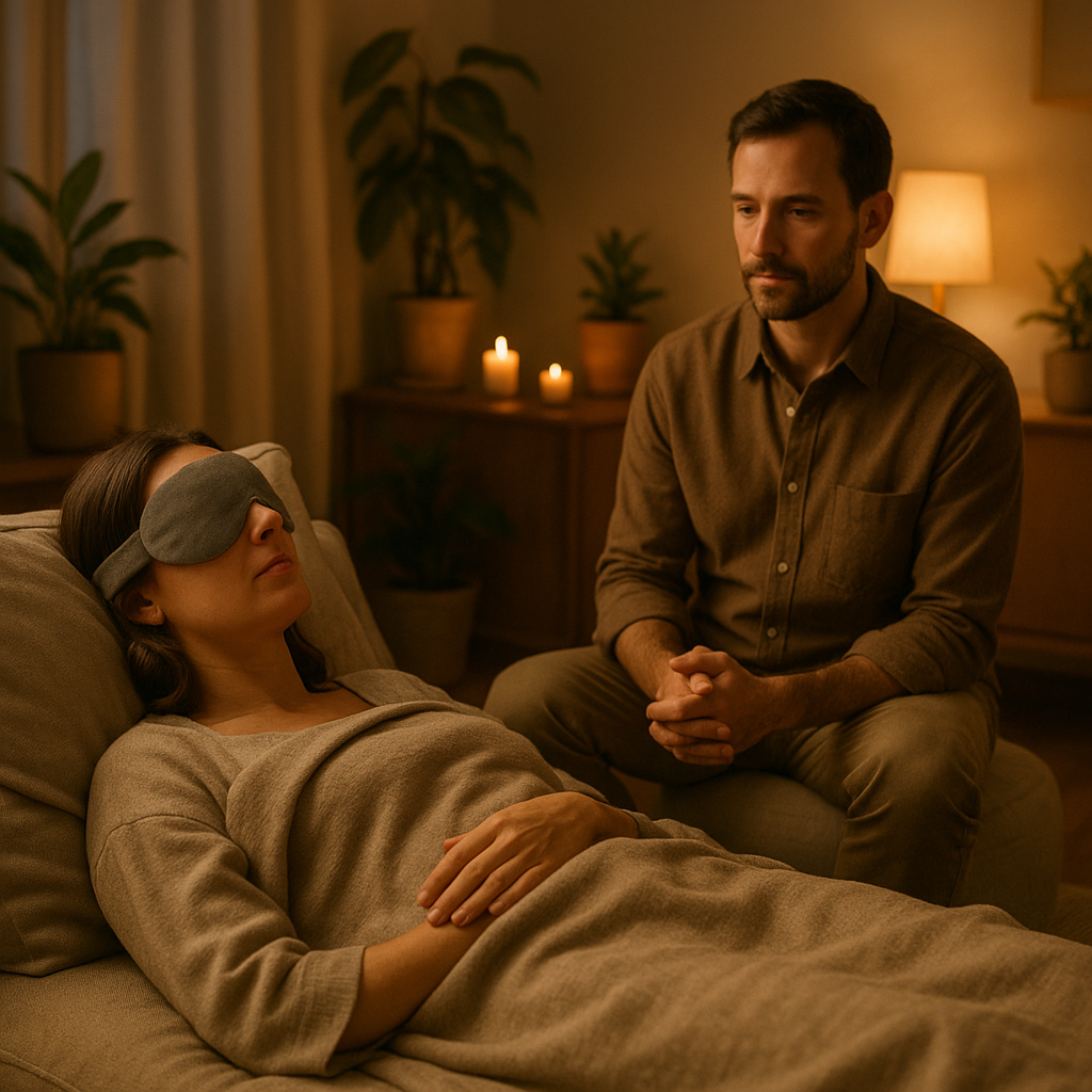 Therapist supporting individual during psilocybin session