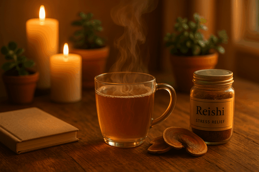 Reishi tea with soft lighting and relaxation setting