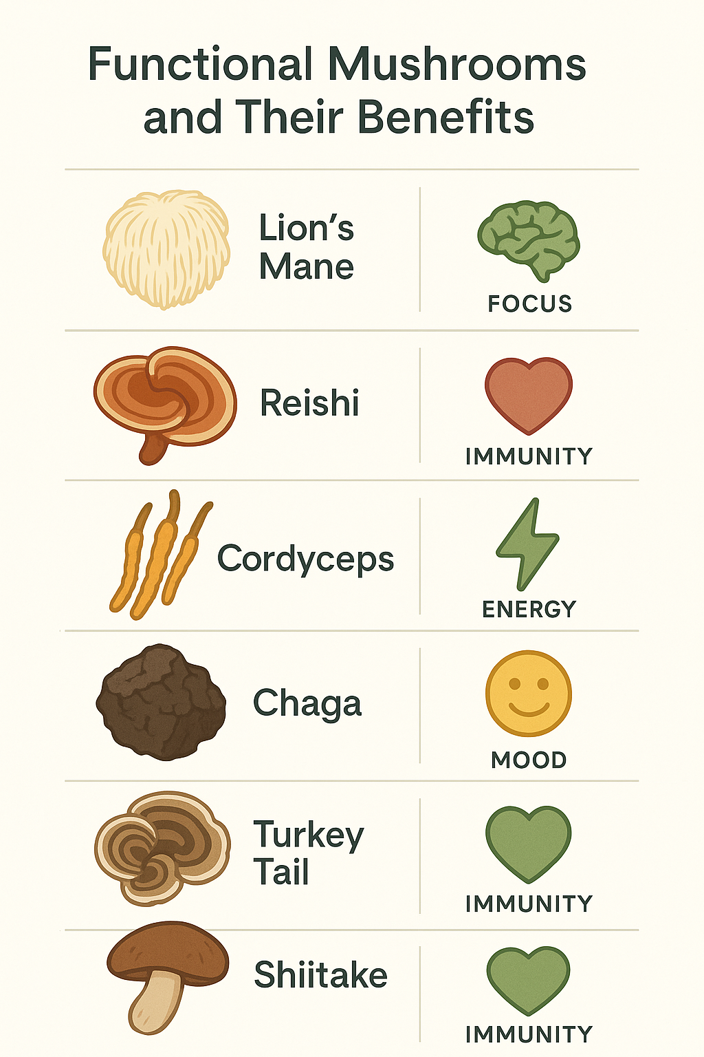 Infographic showing mushrooms and ADHD symptoms supported