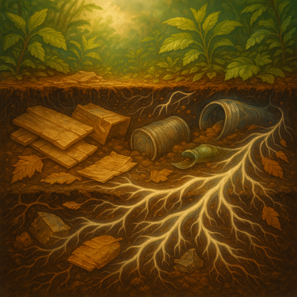 White mycelium spreading in brown sawdust