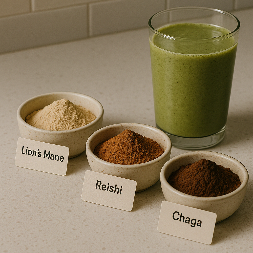 mushroom powders bowls smoothie lion’s mane reishi chaga