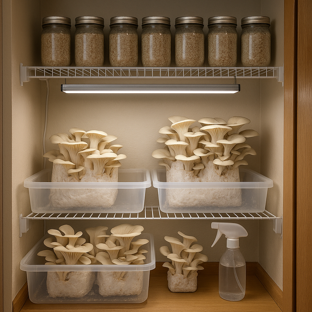 Closet mushroom cultivation jars and tubs
