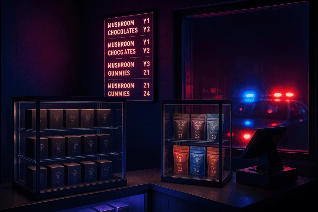 Branded mushroom edibles in glass cases