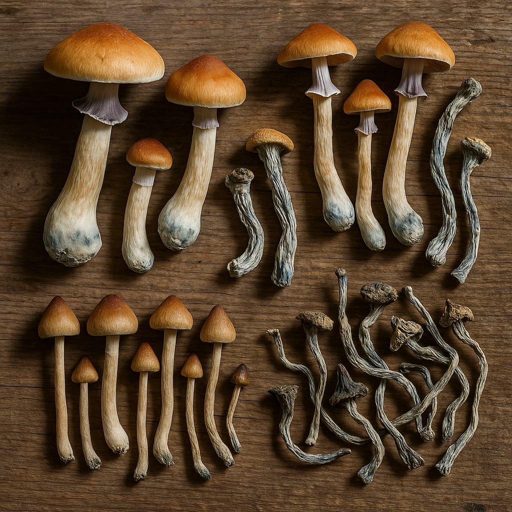 Psilocybe cubensis, azurescens, Liberty Cap mushrooms display.