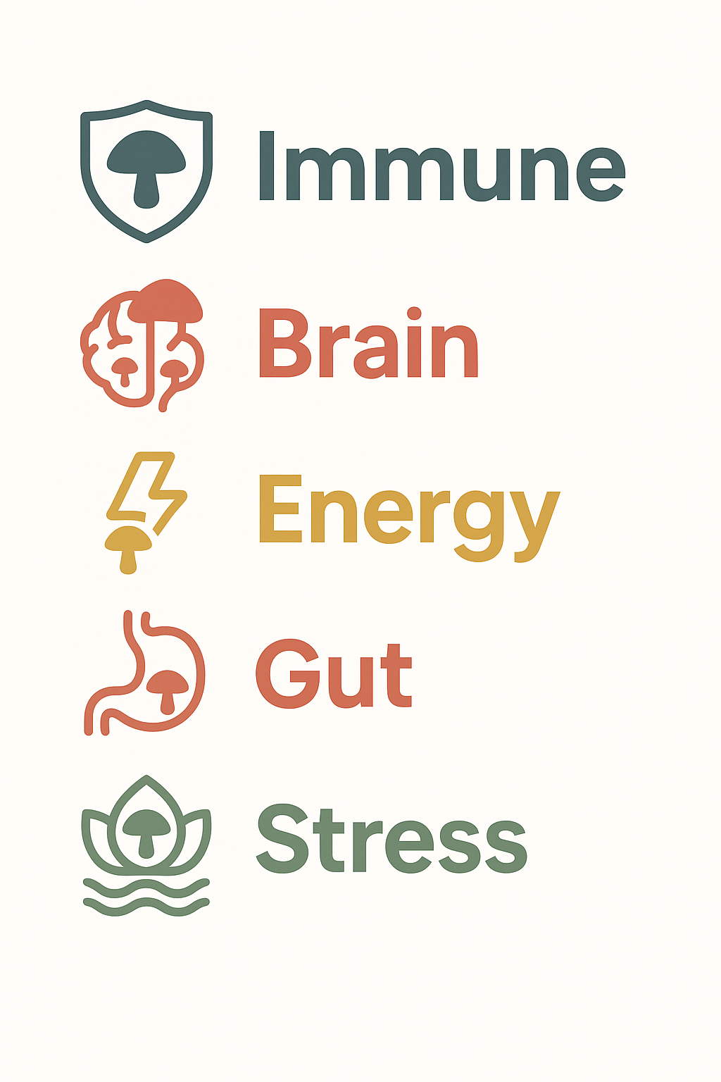 mushroom supplement benefits infographic immune brain gut energy stress
