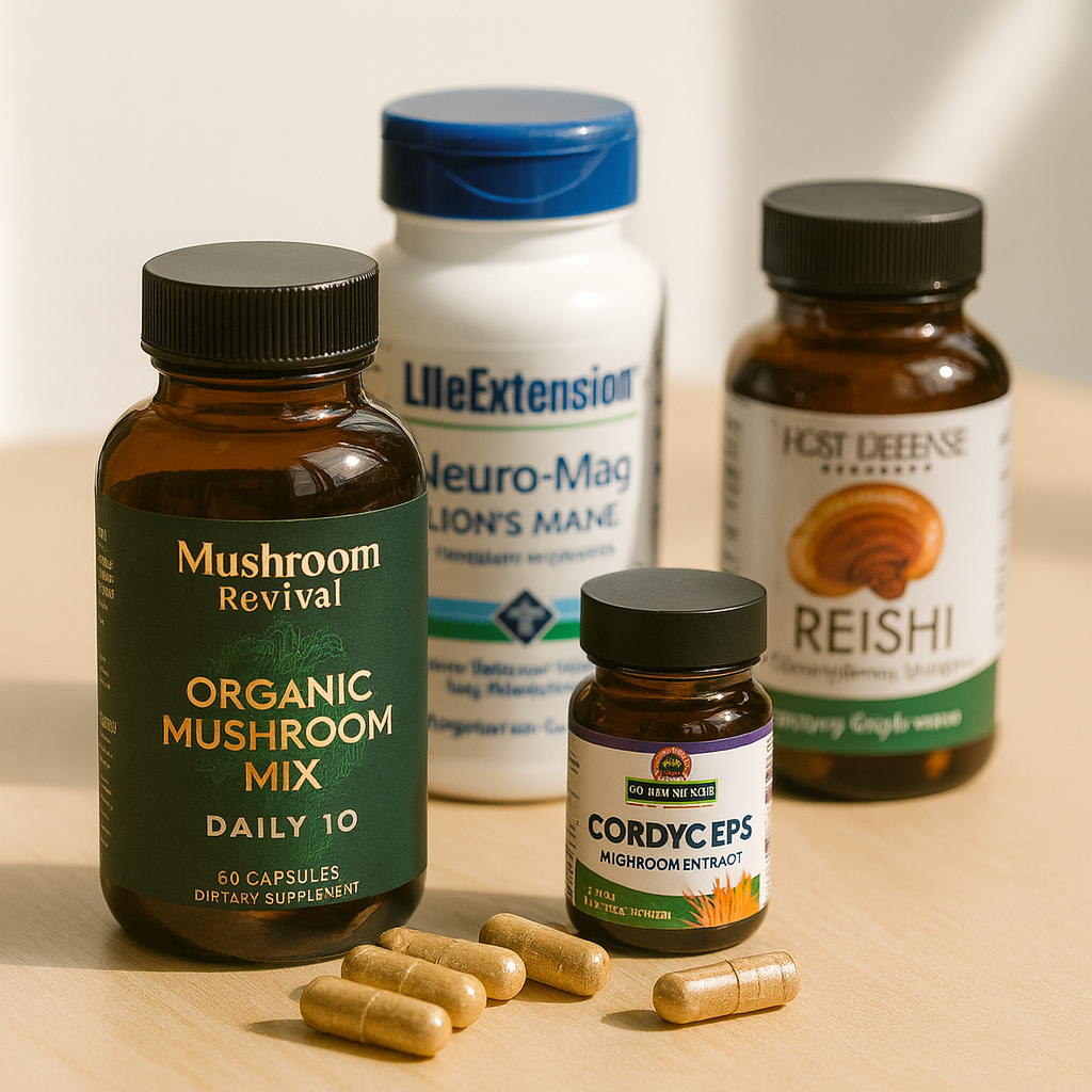 mushroom supplement bottles capsules lion’s mane reishi chaga cordyceps