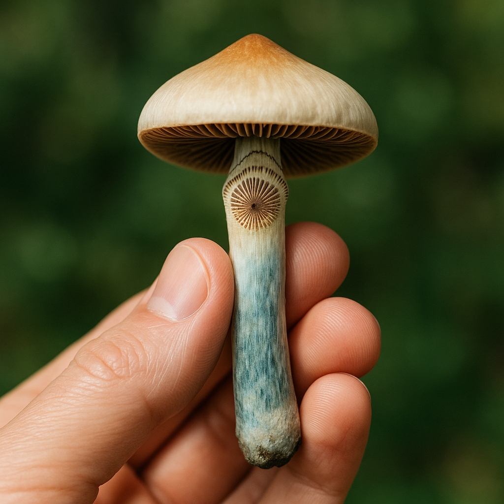 Hand holding blue-bruised Psilocybe azurescens mushroom spore pattern