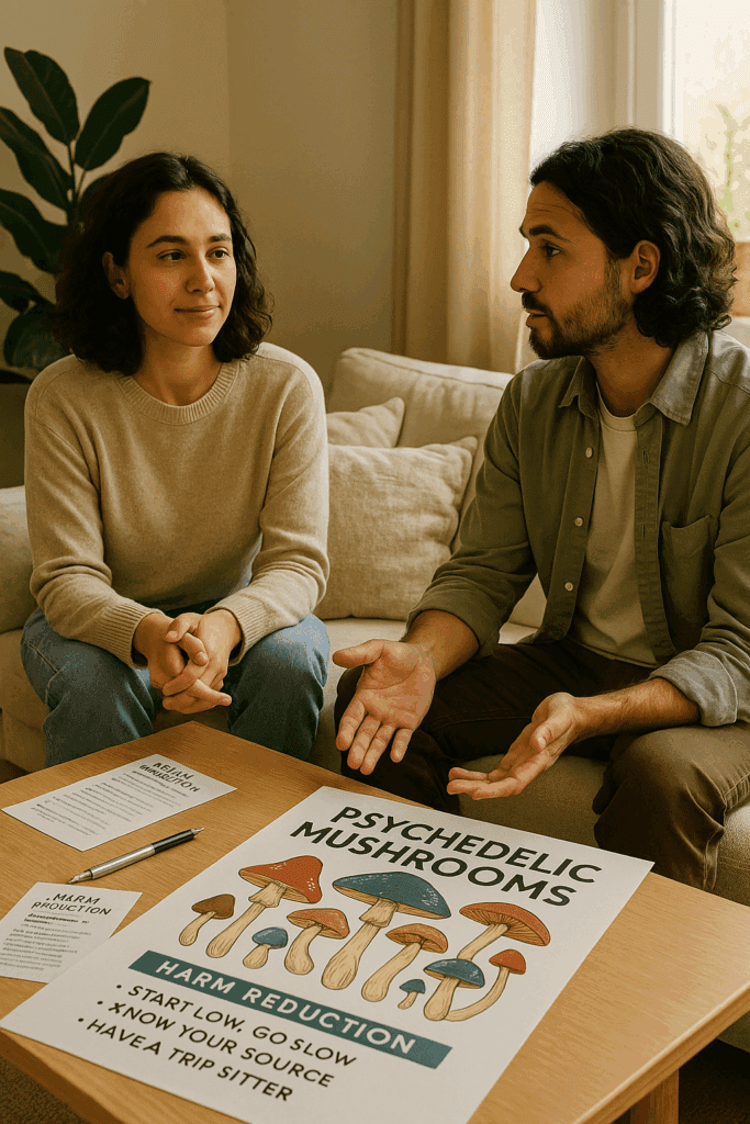 friends preparing for safe magic mushroom trip harm reduction