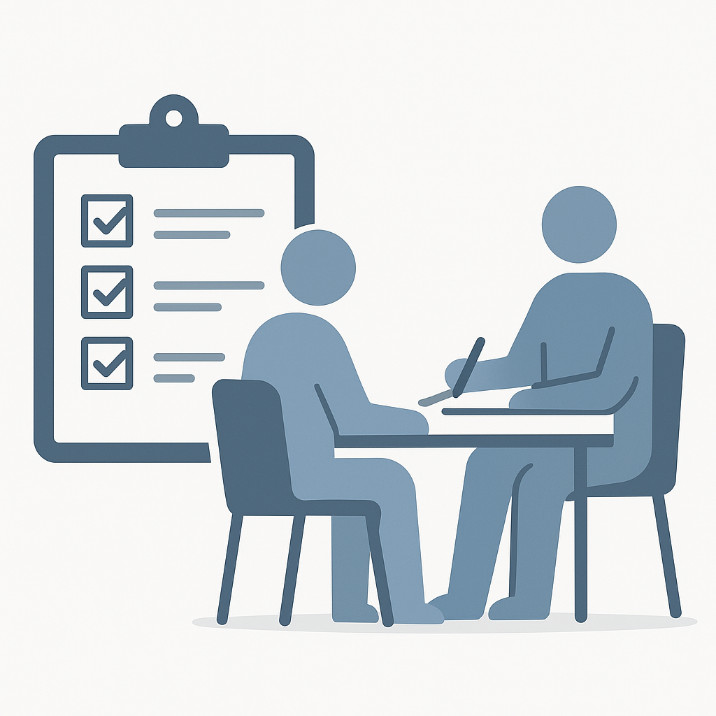 Flat illustration of clinical interview concept with clipboard and two figures