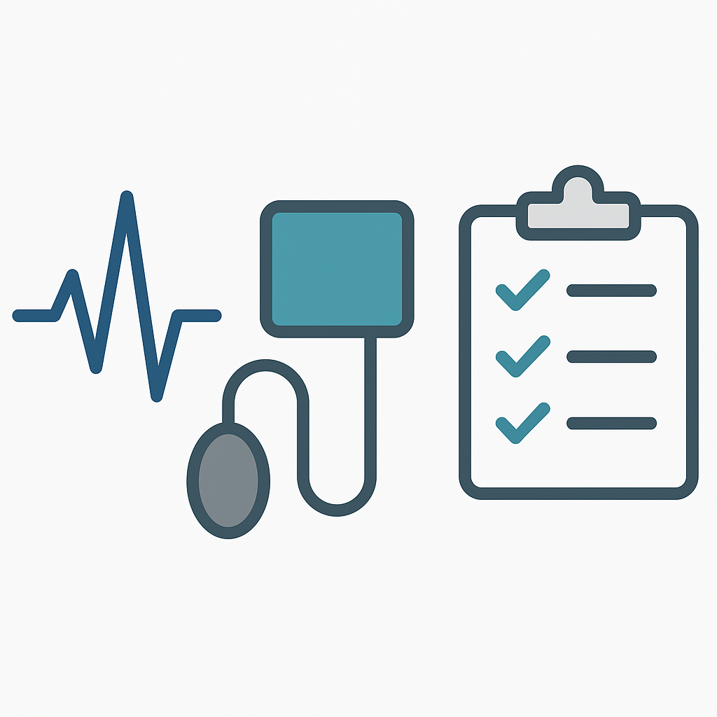 Icons representing clinical monitoring — EKG, blood pressure, checklist