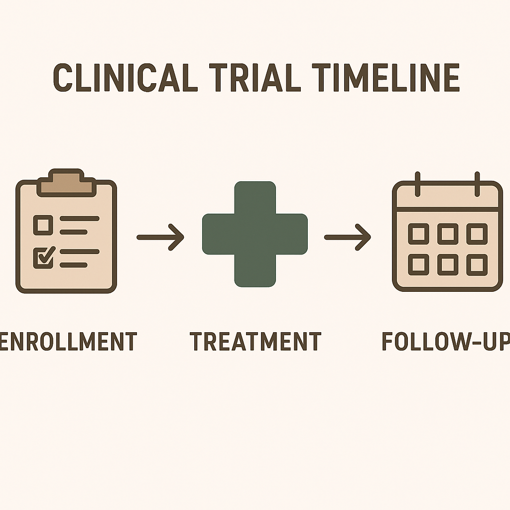 Clinical trial timeline showing enrollment, treatment, and follow-up phases
