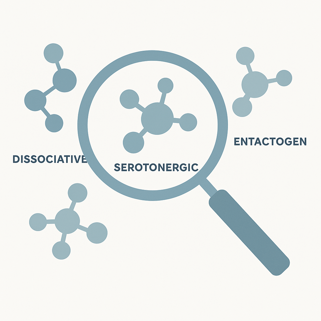 Illustrated magnifying glass examining abstract molecular categories