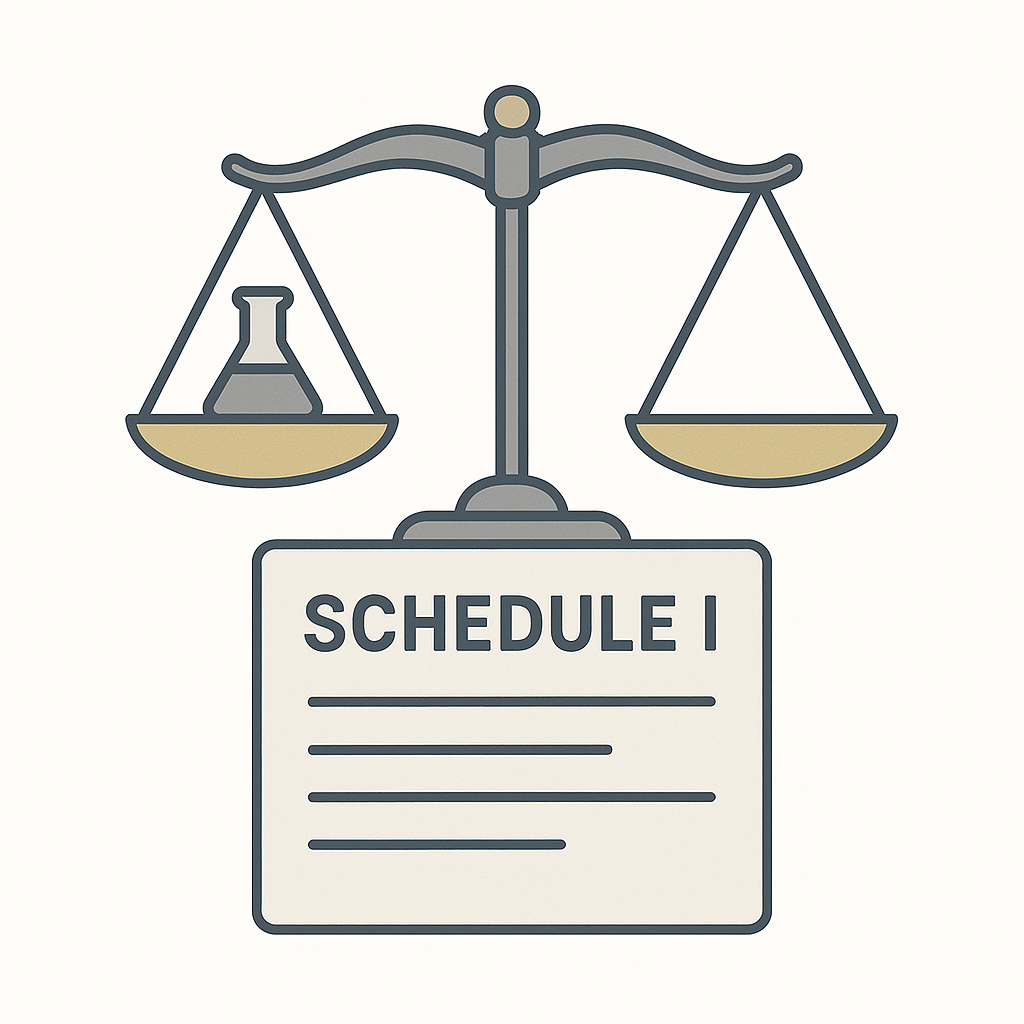 Illustration of legal scales with Schedule I document and research flask
