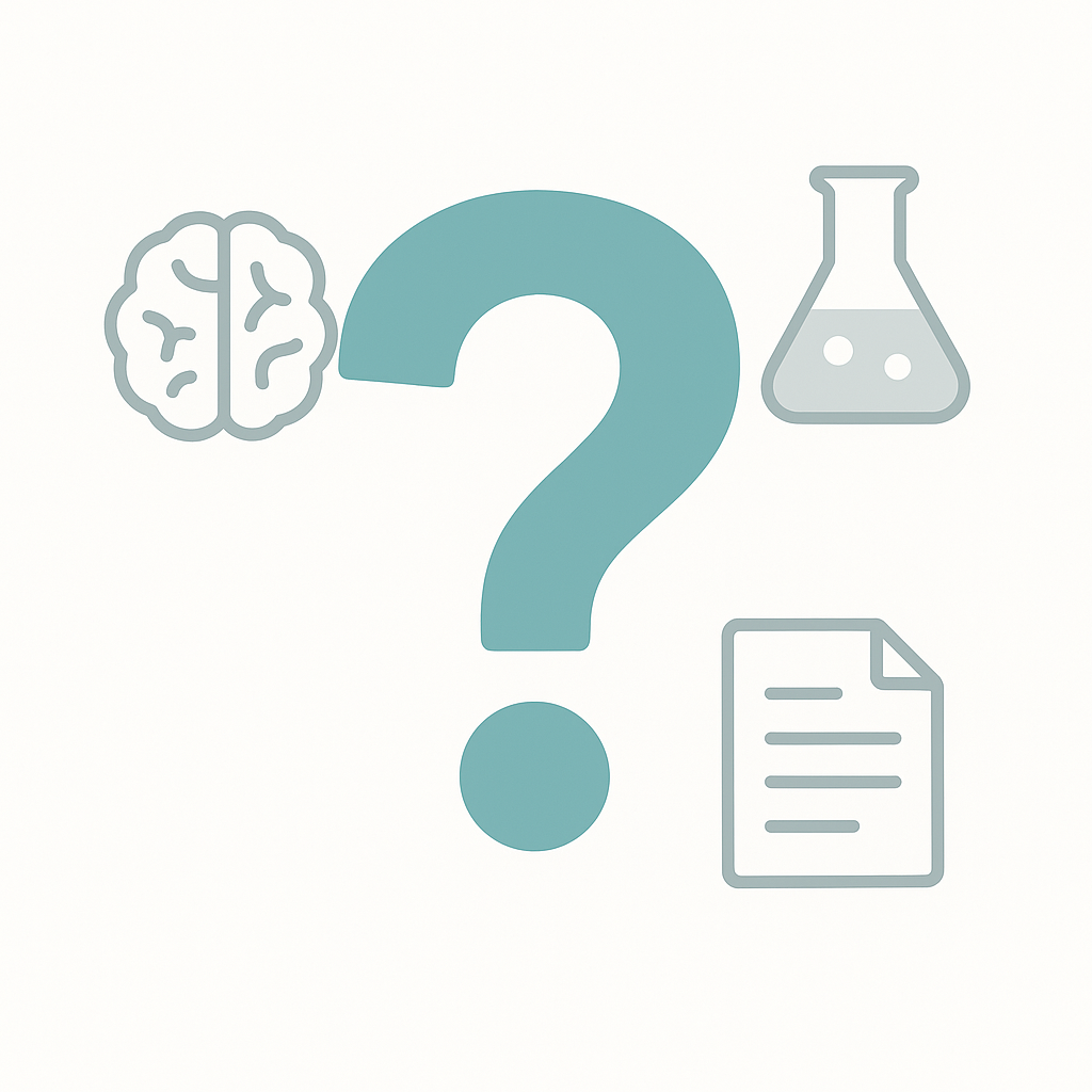 Illustrated question mark with brain, beaker, and document icons