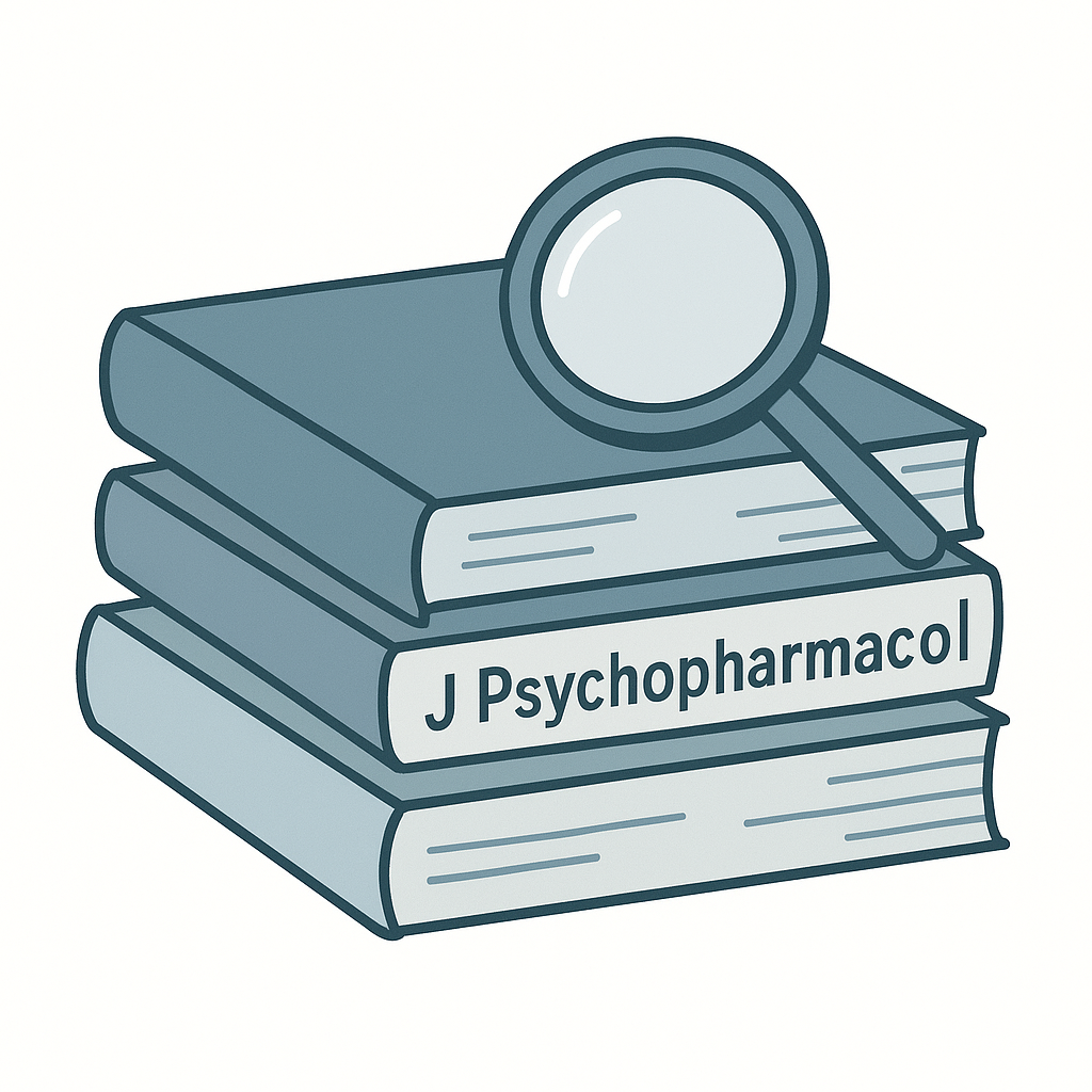 Illustrated stack of academic journals with magnifying glass
