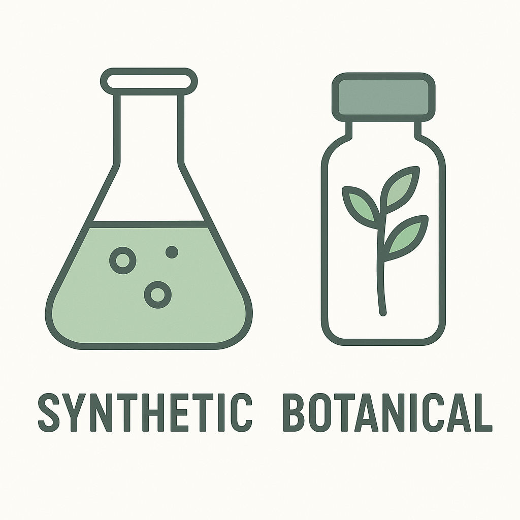 Illustration comparing synthetic compound flask and botanical extract vial